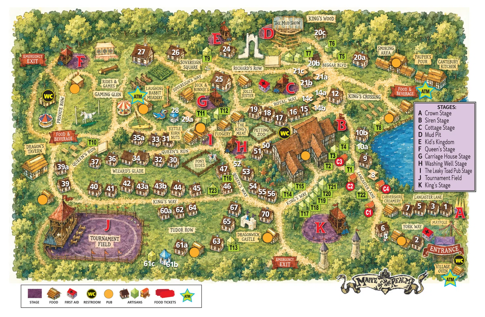 Colorful illustrated map of a festival site showing stages, food areas, restrooms, ATM locations, and walking paths amid wooded areas.