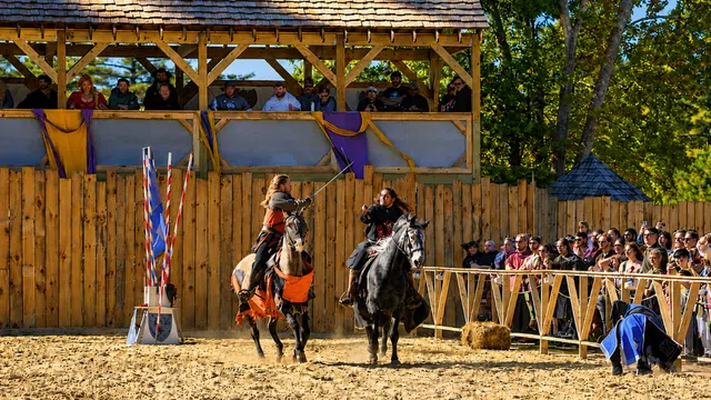 Two knights jousting on horseback in an outdoor arena with an audience and wooden fencing under a sunny sky